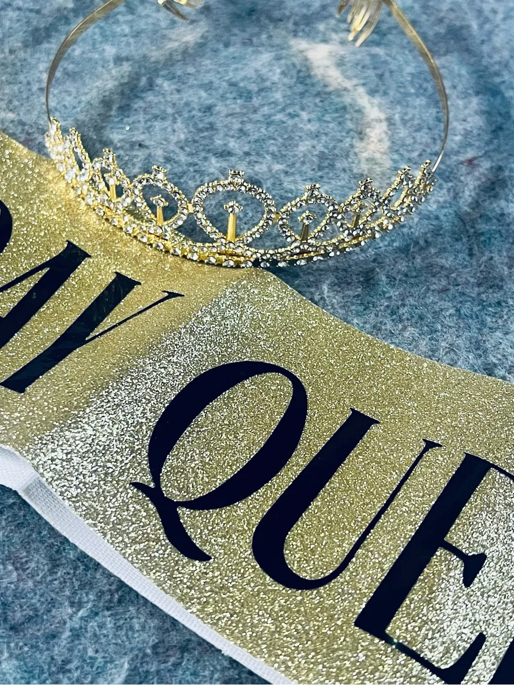 Gold Glitter Party Sash with Gold Rhinestone Tiara 🎆